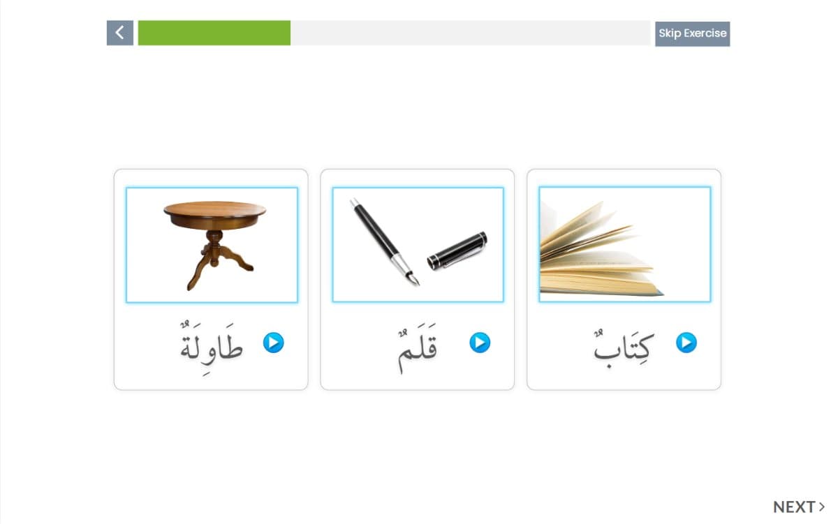 Path to Arabic lesson start screen on desktop